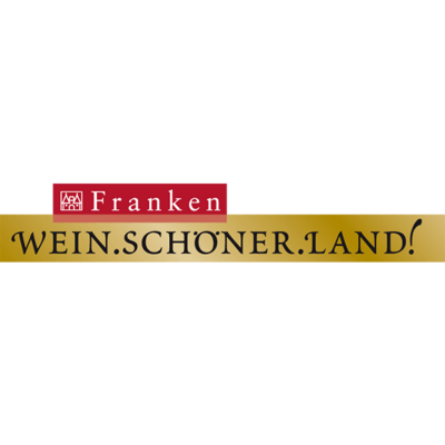 Logo Franken – Wein.Schöner.Land! mit typografischer Gestaltung auf gold-rotem Band.